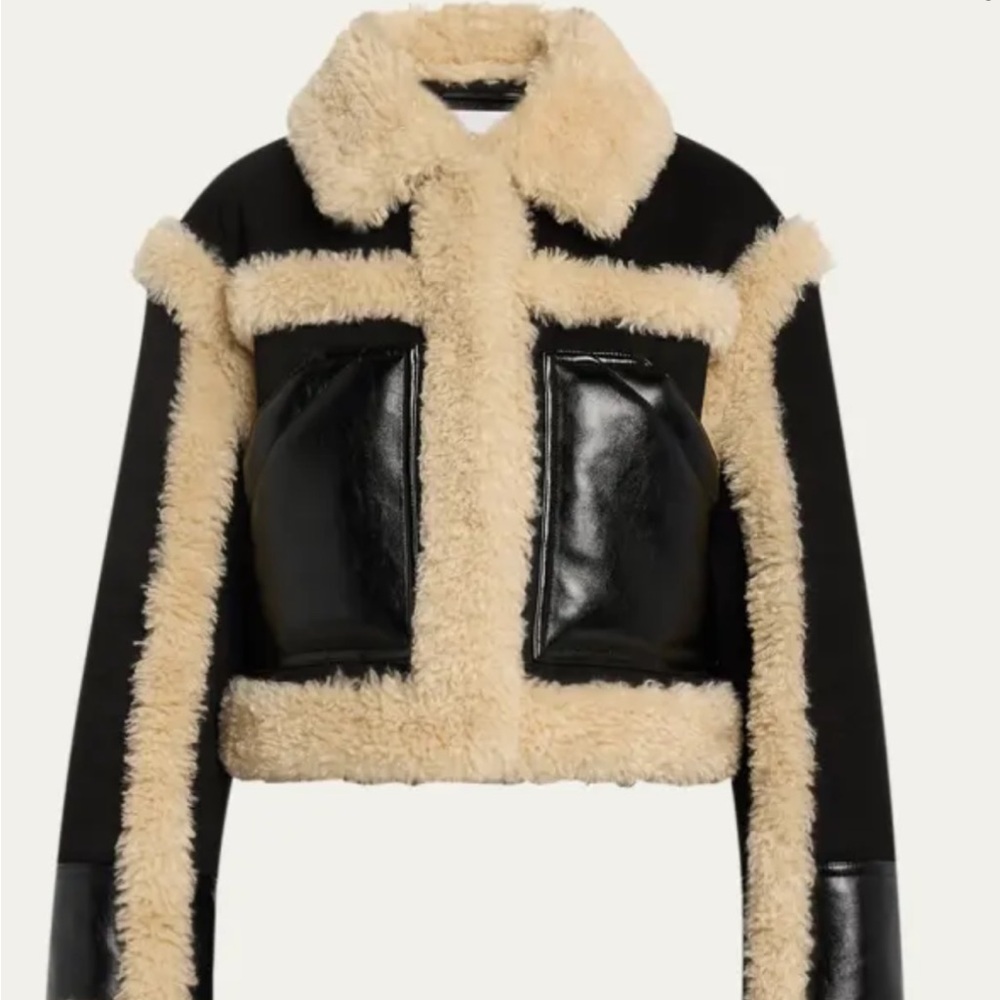 STAUD Black Cropped Teddy Jacket with Cream Shearling Trim